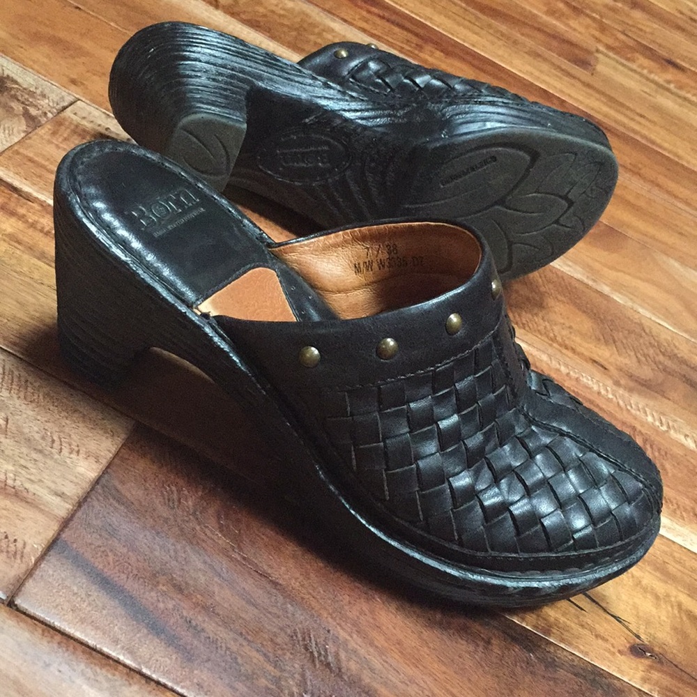 Black woven leather clog-style shoe